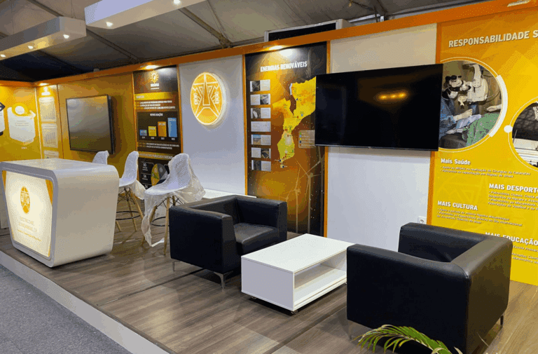 corporate exhibition booth with lounge seating and digital display built in Cape Town