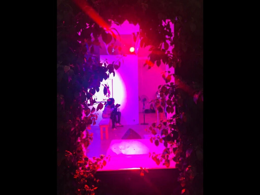 Neon pink floral tunnel entrance with custom lighting – activation setup