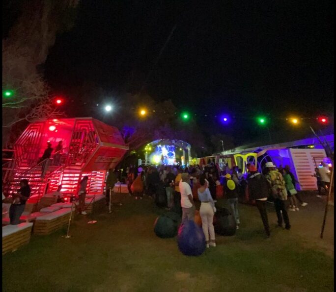 Full outdoor event with lighting, staging and beanbags at Cape Town activation
