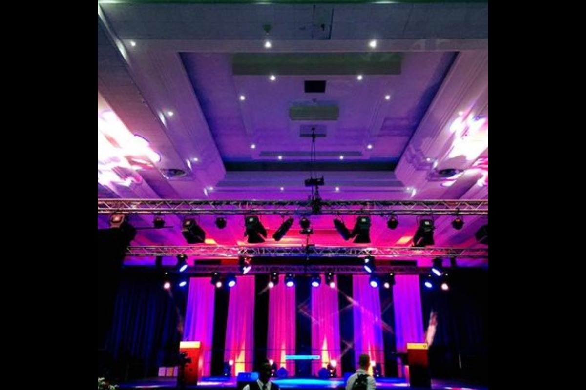 ndoor stage setup with LED columns and ceiling AV rig – Cape Town