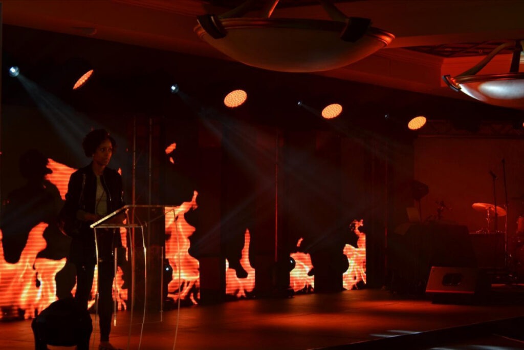 Podium with LED flame stage graphics