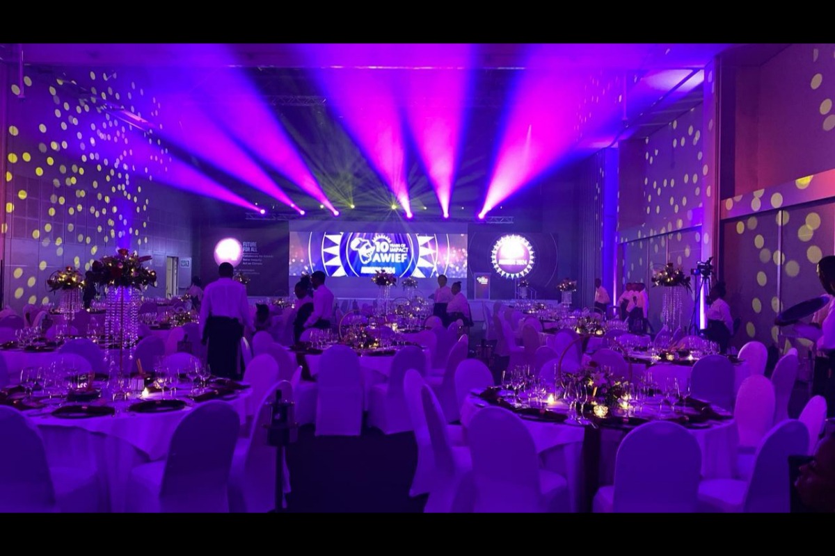 LED screen with stage lighting setup at a gala dinner event in Cape Town
