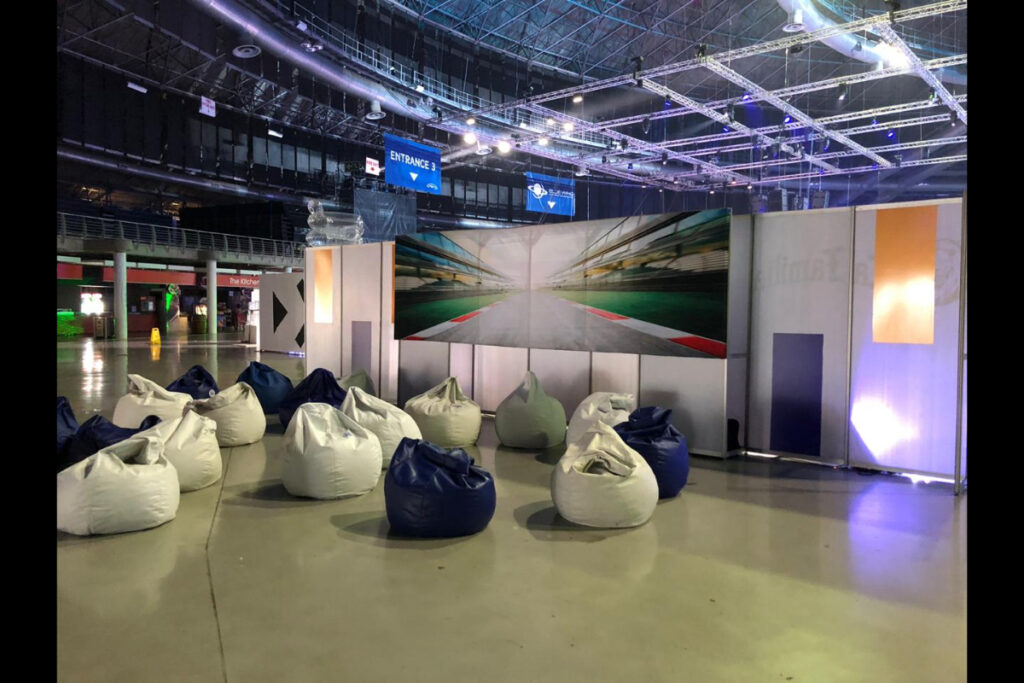 White and blue beanbag lounge for casual expo seating setup
