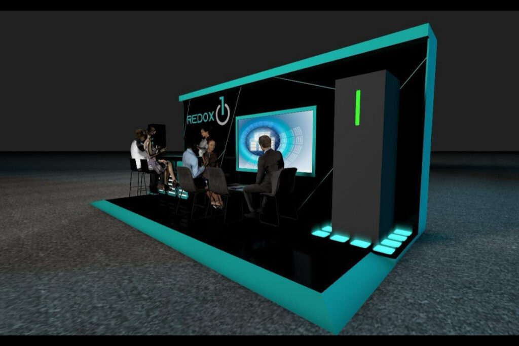 3D render of a custom expo booth with LED turquoise edge