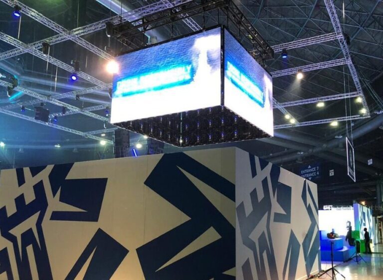 Custom exhibition stands Cape Town. custom cube exhibition stand with LED screens built by Animate-Co exhibition stand builders Cape Town